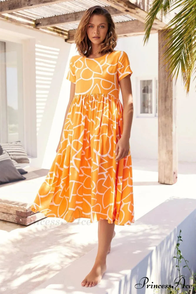 High Waist Ruched Dress with Geometric Print Yellow / S