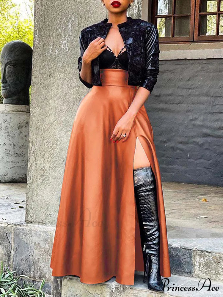 High Waist Seamed Trim Modern Vegan Mini Skirt - Green Brown / M