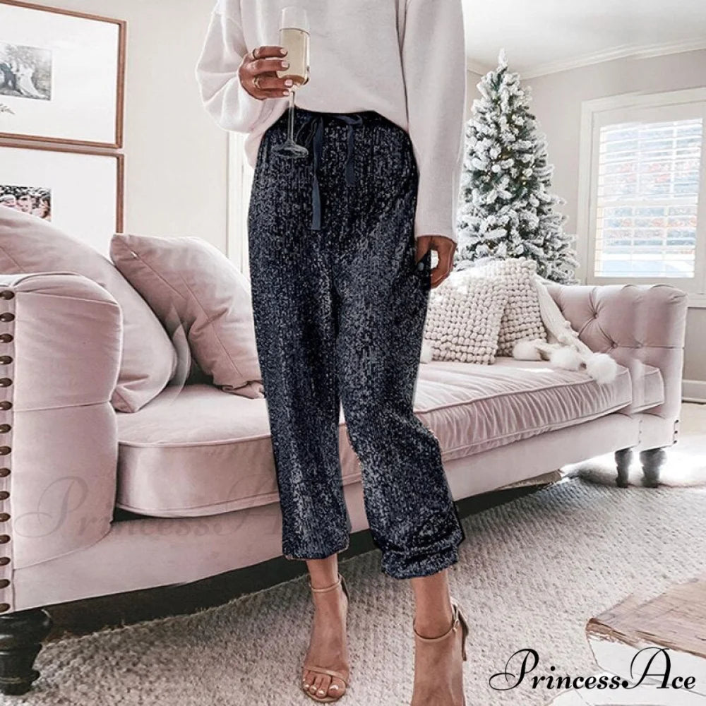 High Waist Sequin Long Pants Black / S