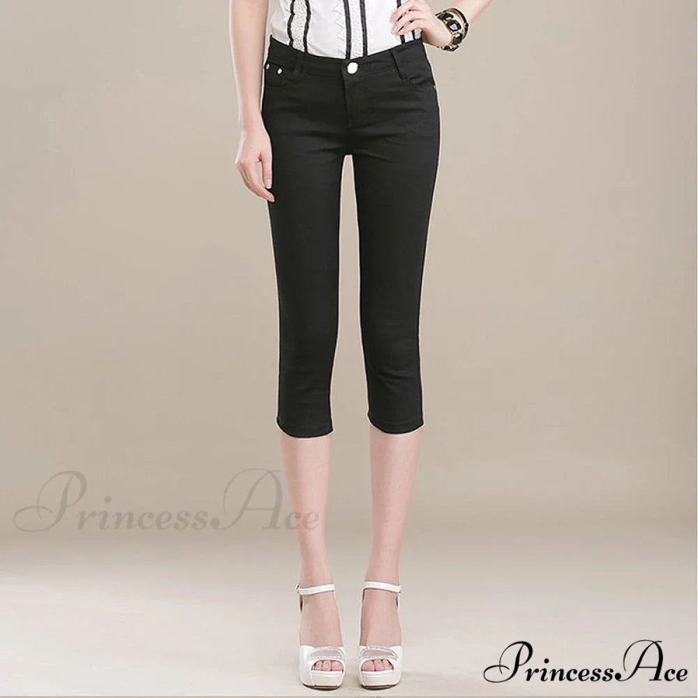High Waist Short Trousers Capris Pants Women Stretch Black / 26