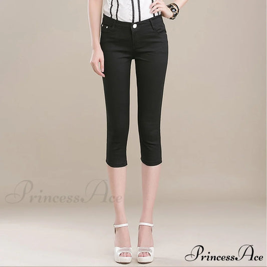 High Waist Short Trousers Capris Pants Women Stretch Black / 26