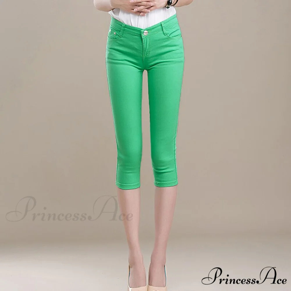 High Waist Short Trousers Capris Pants Women Stretch Grass green / 26