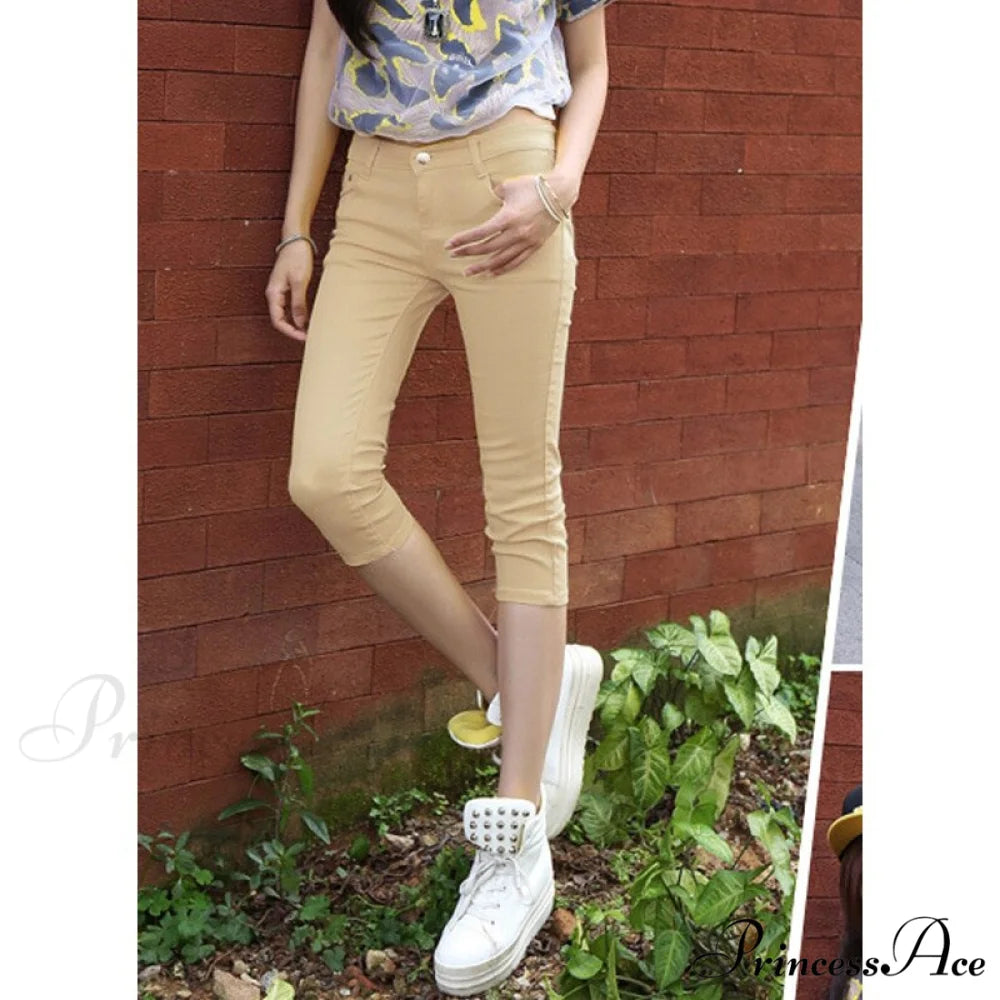 High Waist Short Trousers Capris Pants Women Stretch Khaki / 26