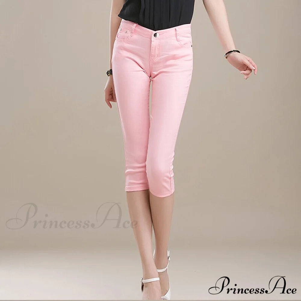 High Waist Short Trousers Capris Pants Women Stretch Pink / 26
