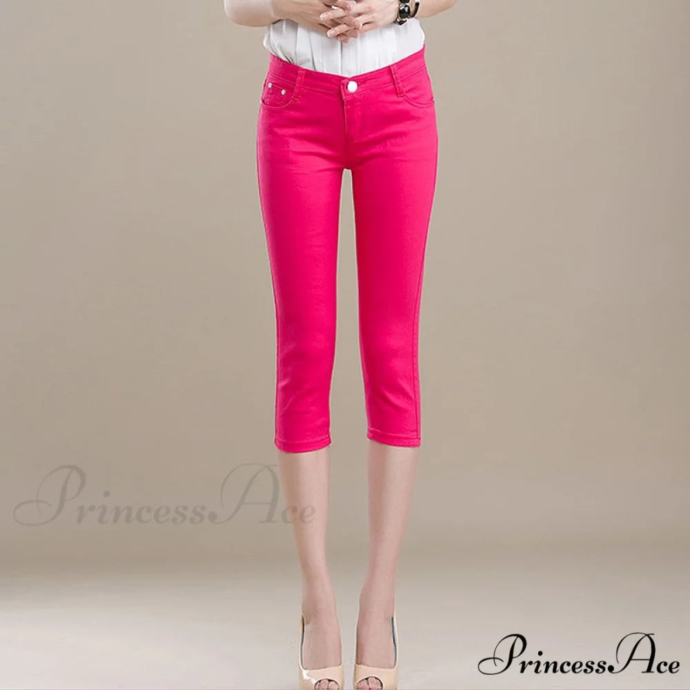 High Waist Short Trousers Capris Pants Women Stretch Rosy / 26