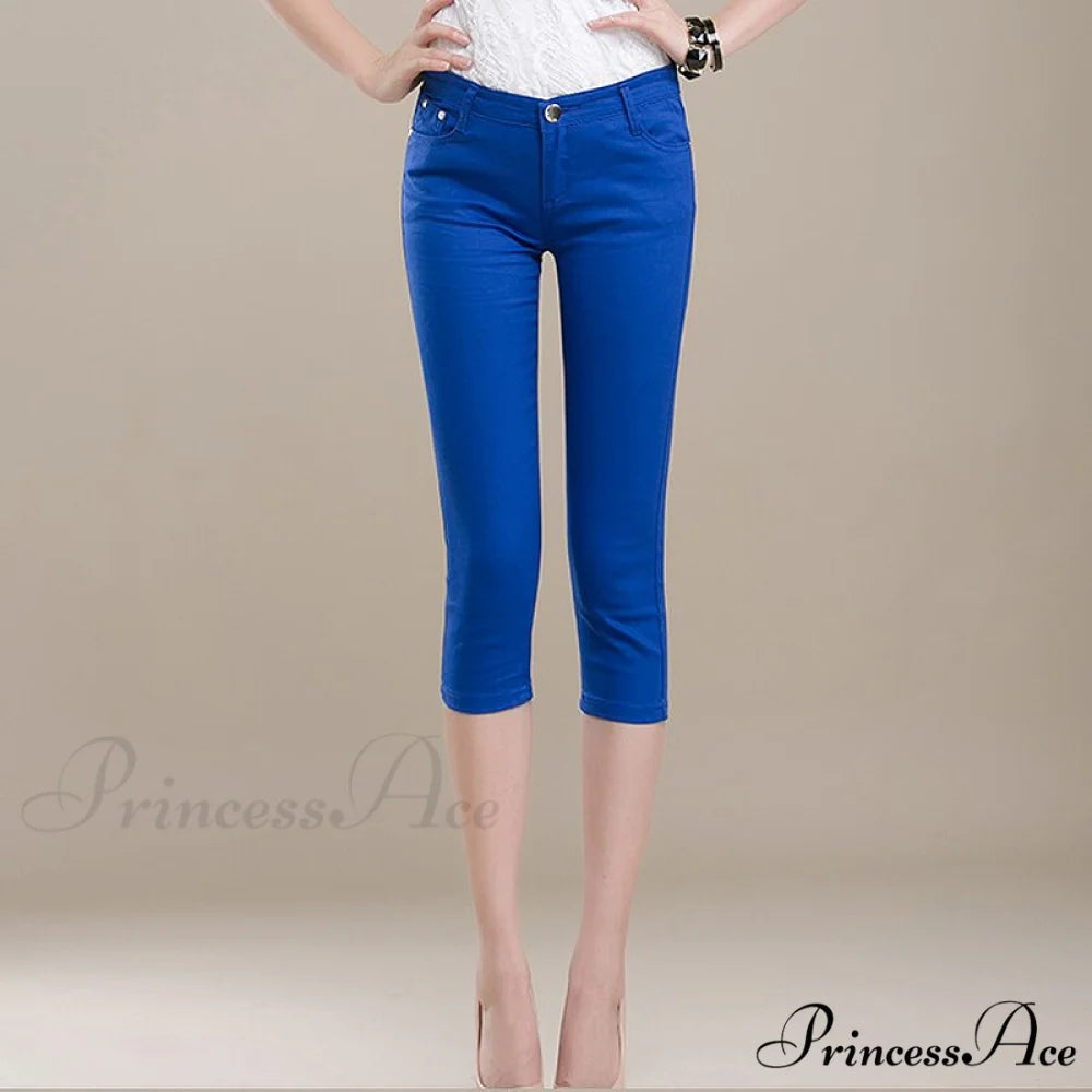 High Waist Short Trousers Capris Pants Women Stretch Royal blue / 26