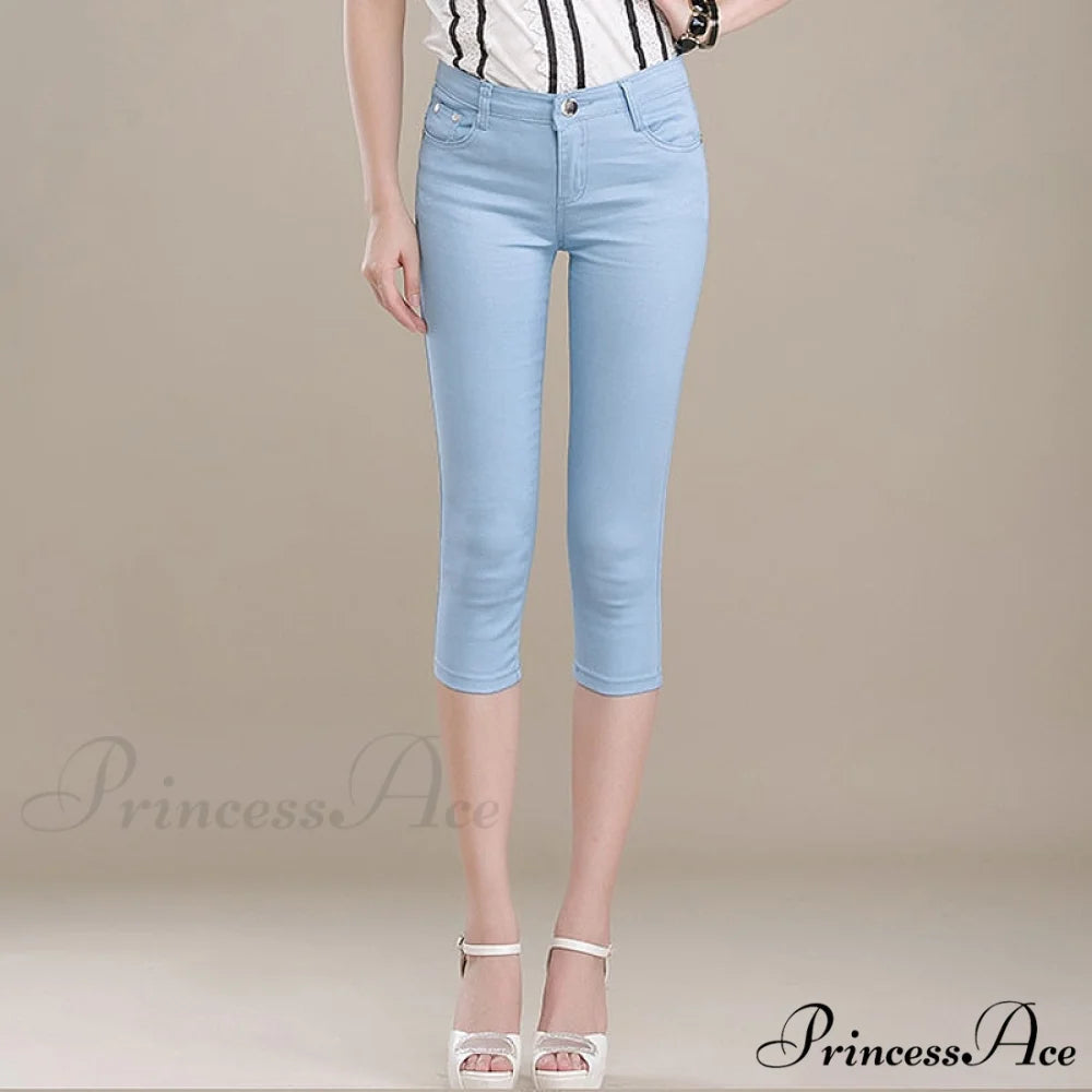 High Waist Short Trousers Capris Pants Women Stretch Sea Blue / 26