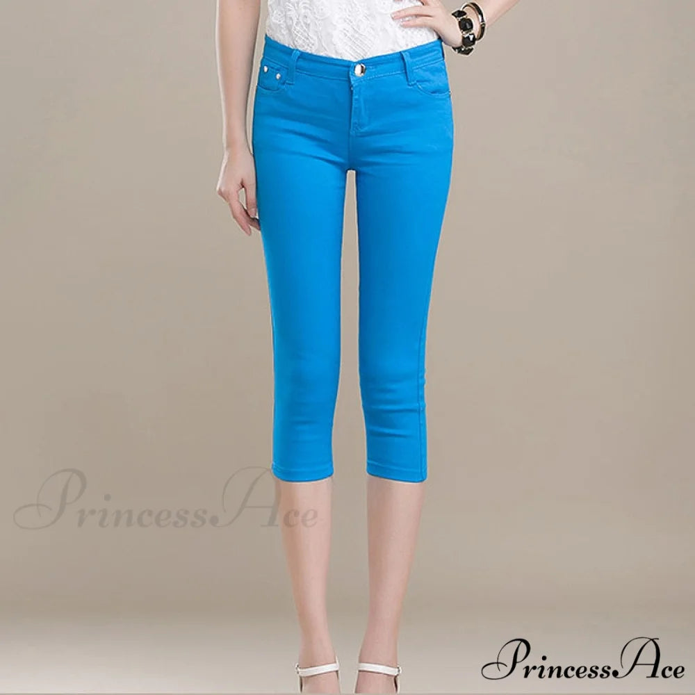 High Waist Short Trousers Capris Pants Women Stretch Sky blue / 26