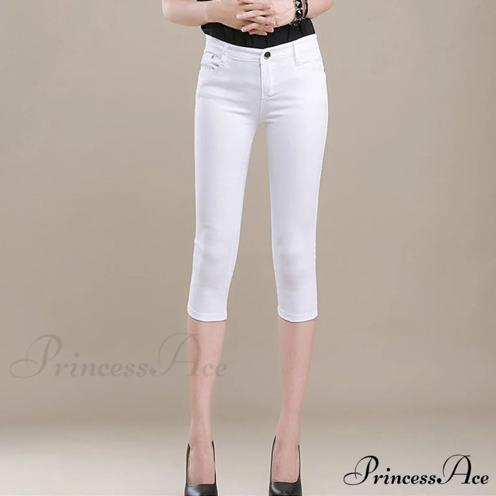 High Waist Short Trousers Capris Pants Women Stretch White / 26