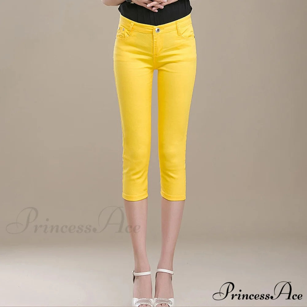 High Waist Short Trousers Capris Pants Women Stretch Yellow / 26