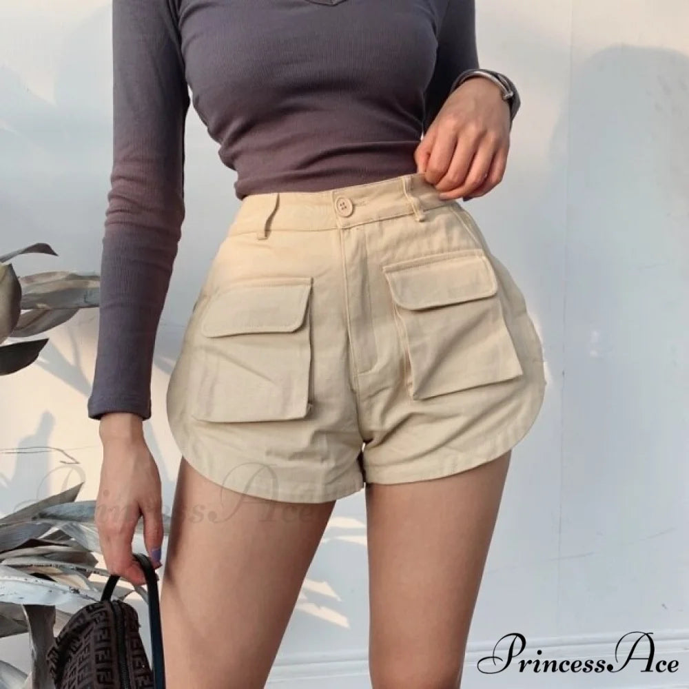 High Waist Slim Curved Split Design Short Khaki / S