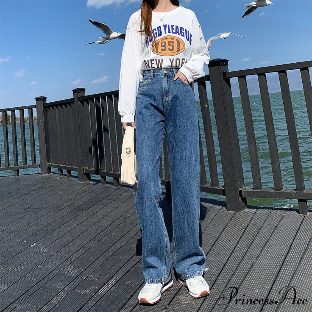 High Waist Slouchy Black Straight Trouser 109 Curl Blue / XS