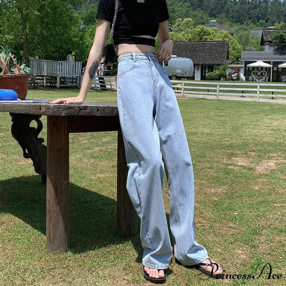 High Waist Slouchy Black Straight Trouser 109 Curl LightBlue / XS