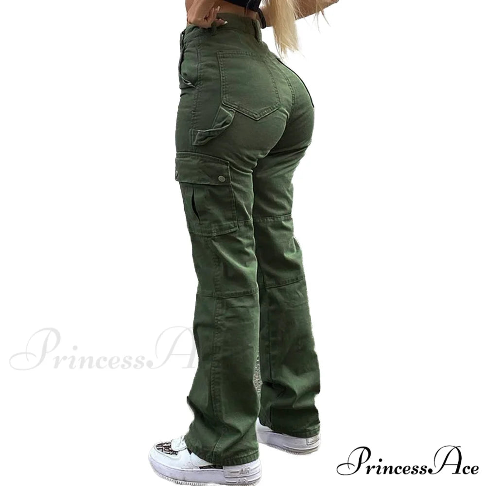 High Waist Solid Color Pocket Denim Jeans Army Green / S