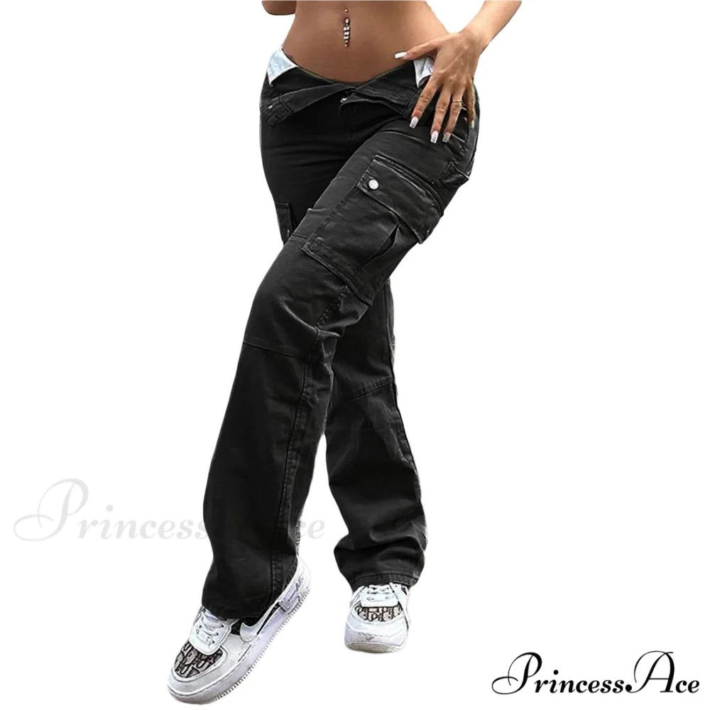 High Waist Solid Color Pocket Denim Jeans Black / S