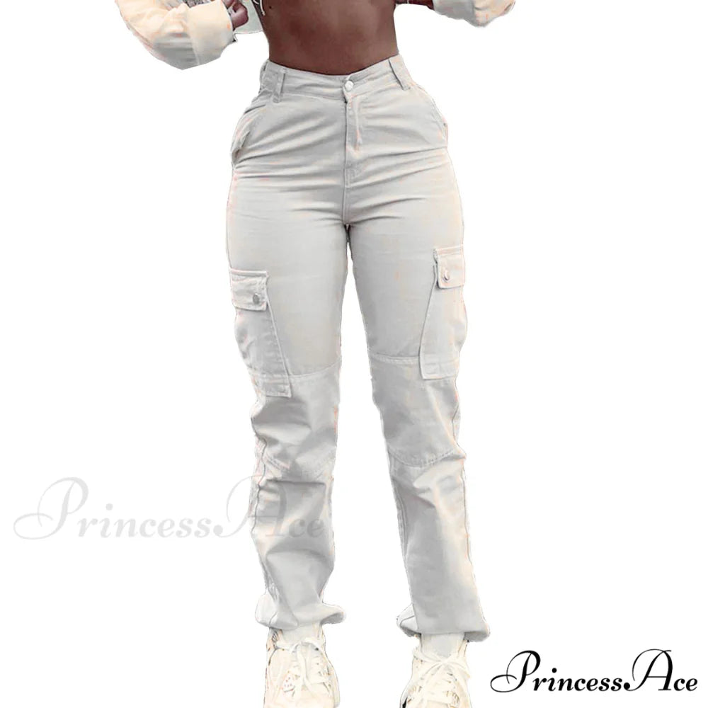High Waist Solid Color Pocket Denim Jeans White / S
