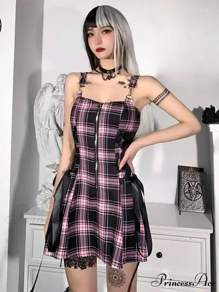 High Waist Spaghetti Strap Plaid Mini Mall Goth Grunge Punk Emo Sexy Party Zipper Aesthetic Dress Pink / S