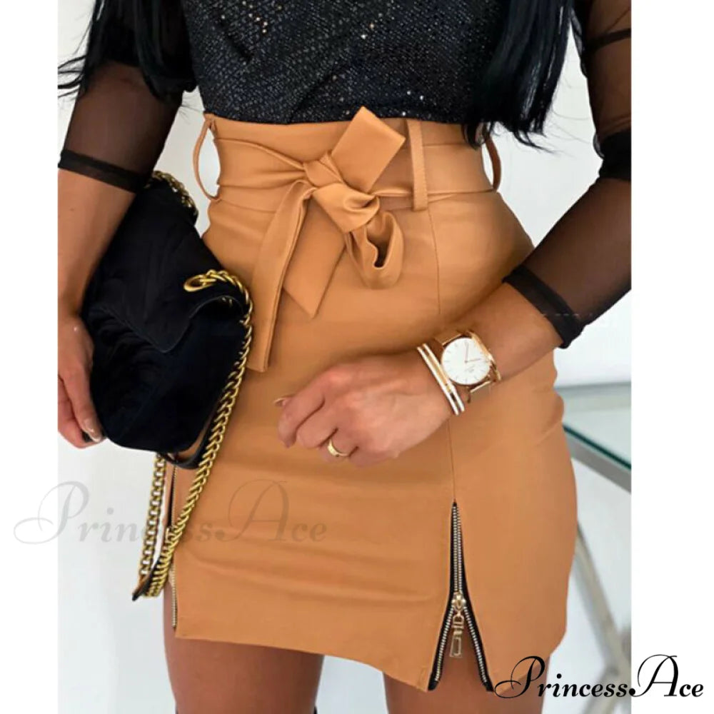 High Waist Split Office Mini Slim Skirt Khaki / S