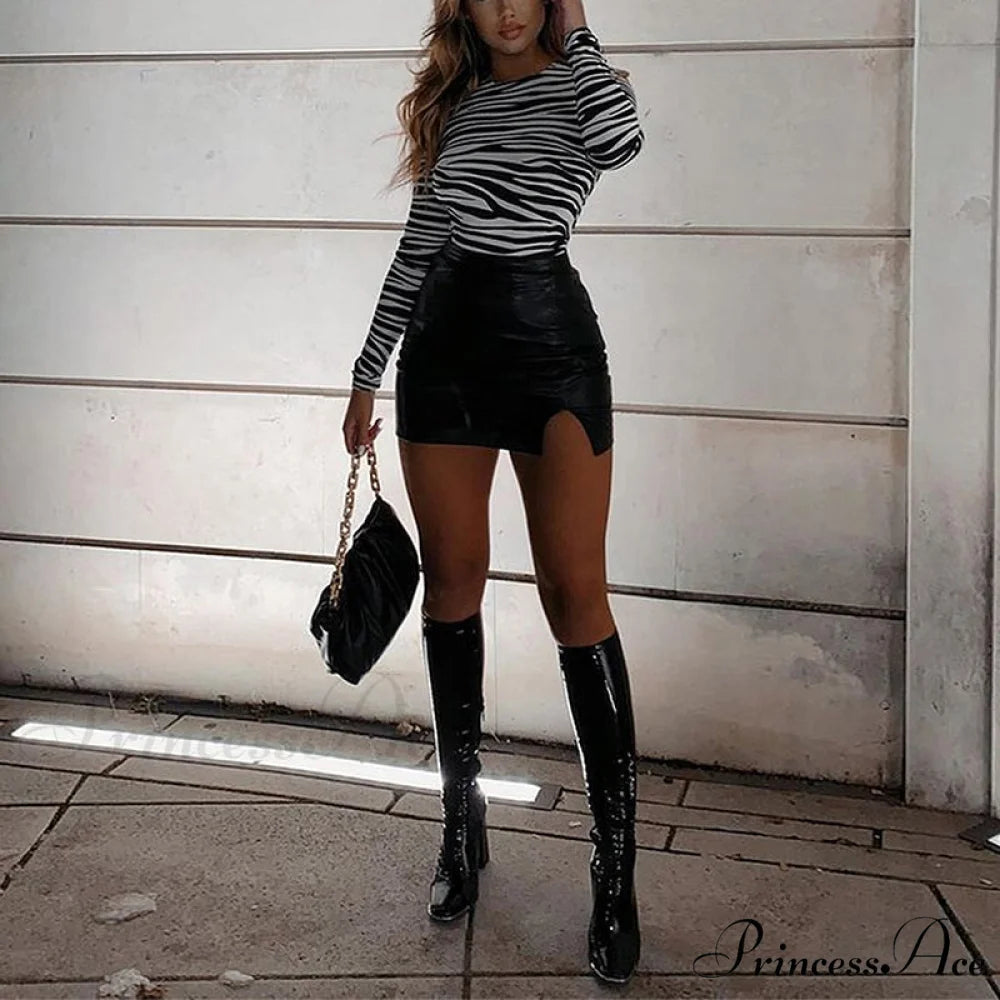 High Waist Split Pu Leather Mini Skirt