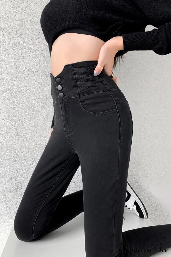 High Waist Straight Elastic Femme Jeans Black / XS