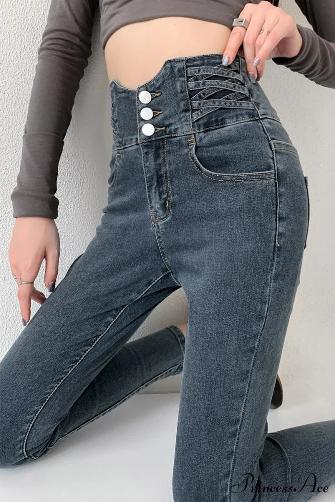 High Waist Straight Elastic Femme Jeans Blue Gray / XS