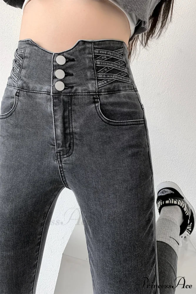 High Waist Straight Elastic Femme Jeans Gray / XS