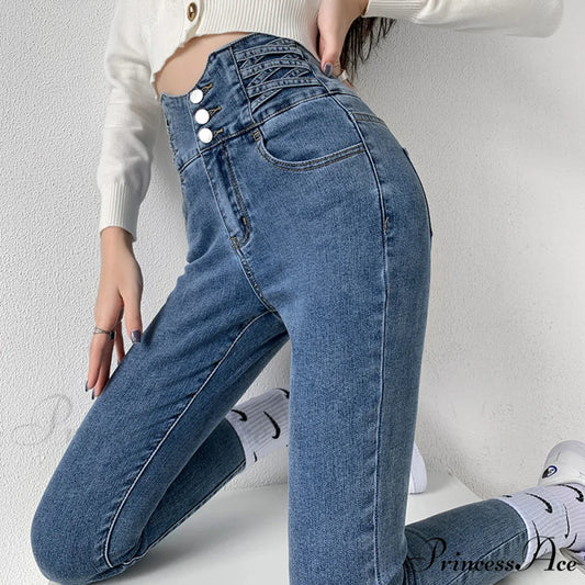 High Waist Straight Elastic Femme Jeans Vintage Blue / XS