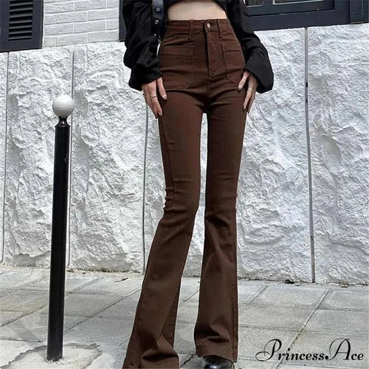 High Waist Stretch Slim Flared Women Bottom Straight Spring Autumn Denim Pants Female Fashion Streetwear Jeans Brown / S