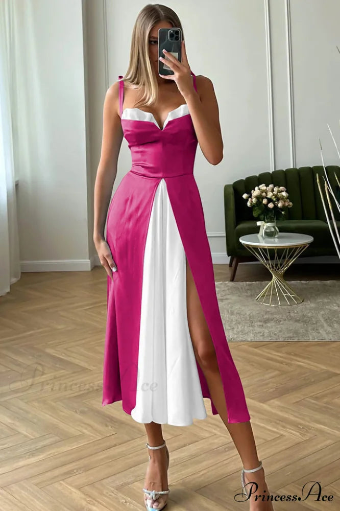 High Waist Stylish Satin Wrap Dress S / Hot Pink