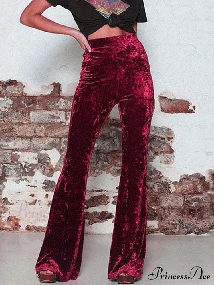 High Waist Velvet Wide Leg Velour Flare Pants