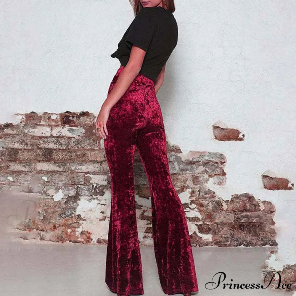 High Waist Velvet Wide Leg Velour Flare Pants