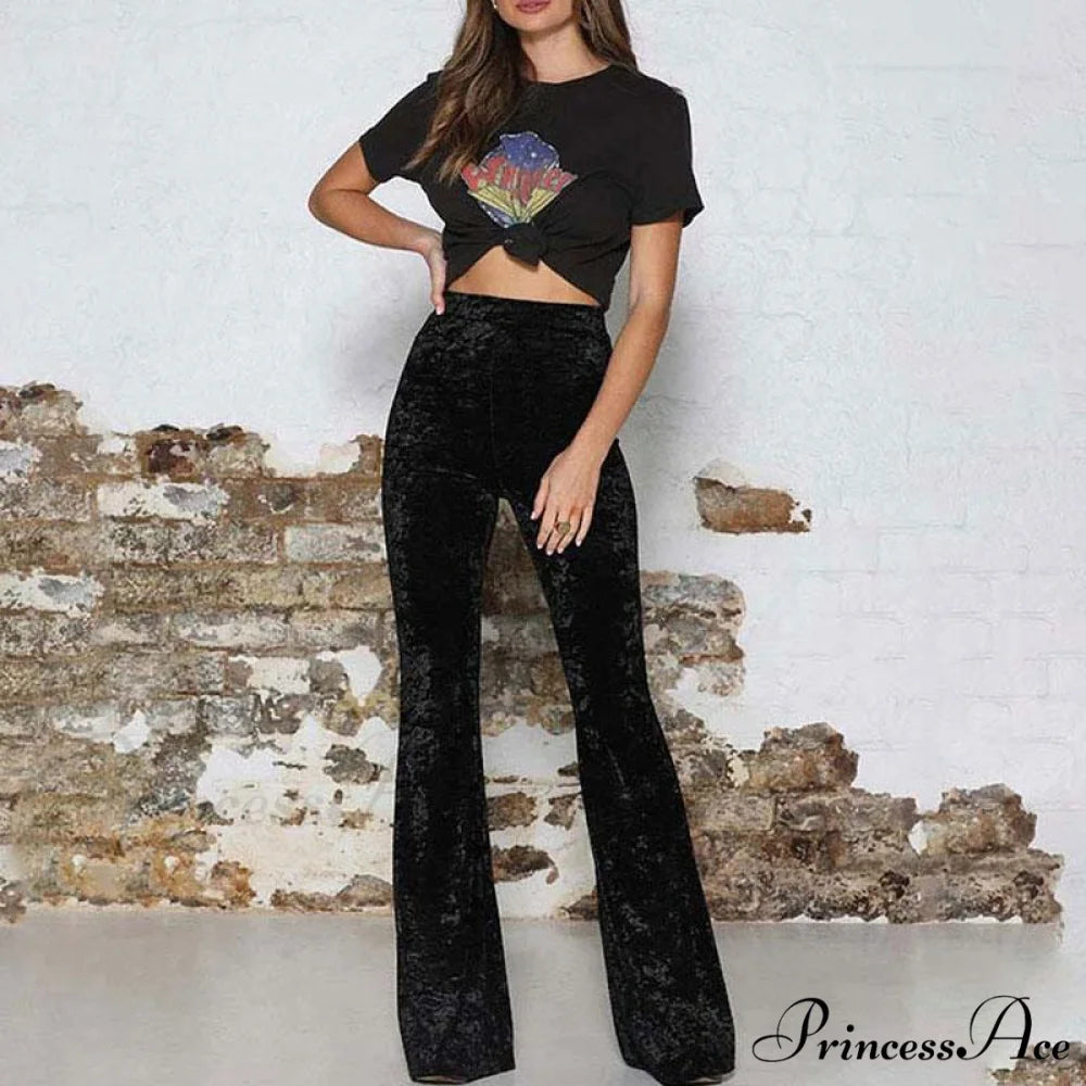 High Waist Velvet Wide Leg Velour Flare Pants Black / S