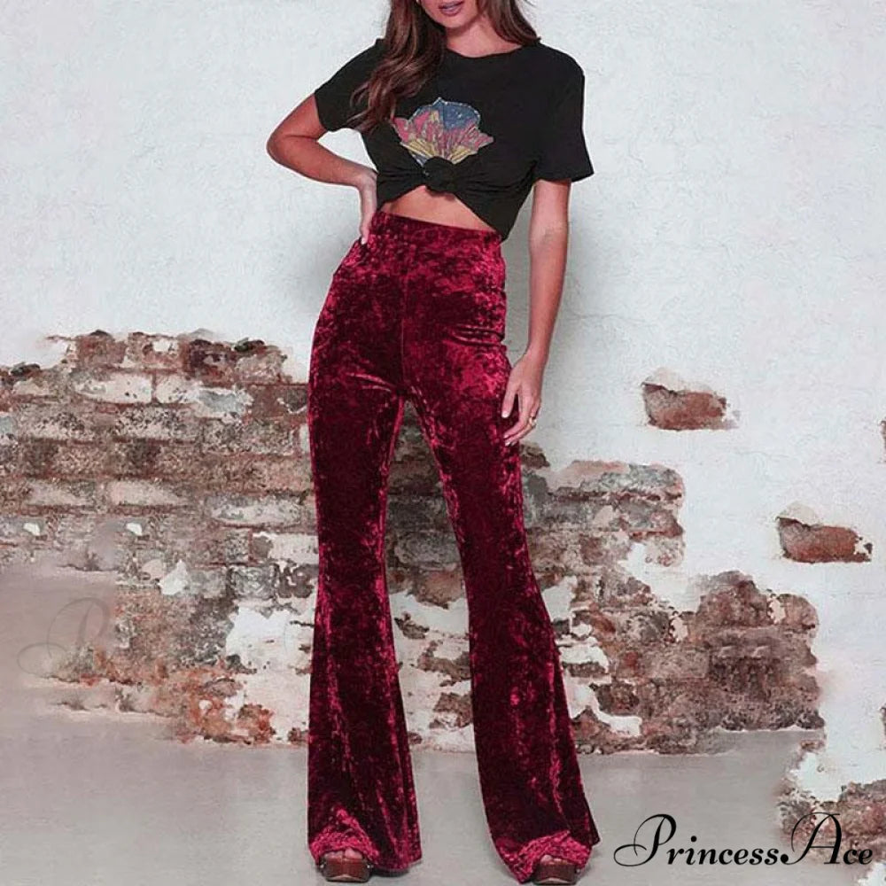 High Waist Velvet Wide Leg Velour Flare Pants Burgundy / S