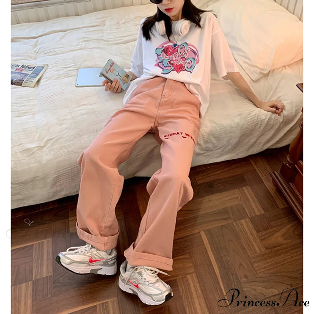 High Waist Wide Leg Pink Baggy Denim Jeans