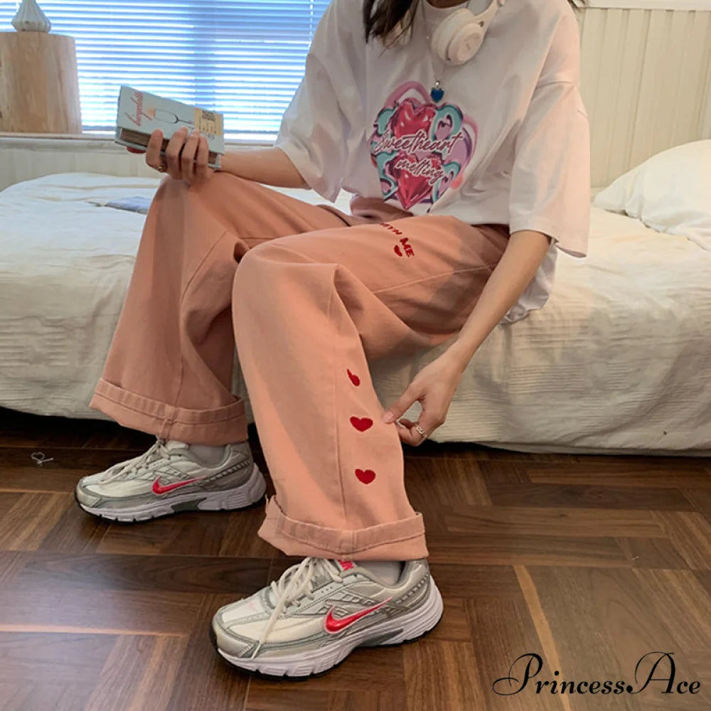 High Waist Wide Leg Pink Baggy Denim Jeans