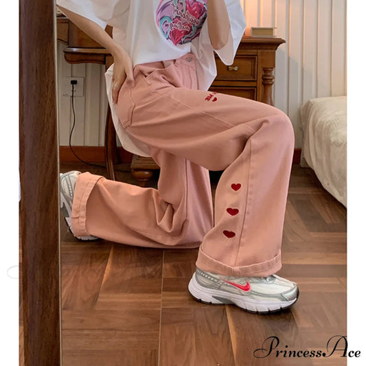 High Waist Wide Leg Pink Baggy Denim Jeans