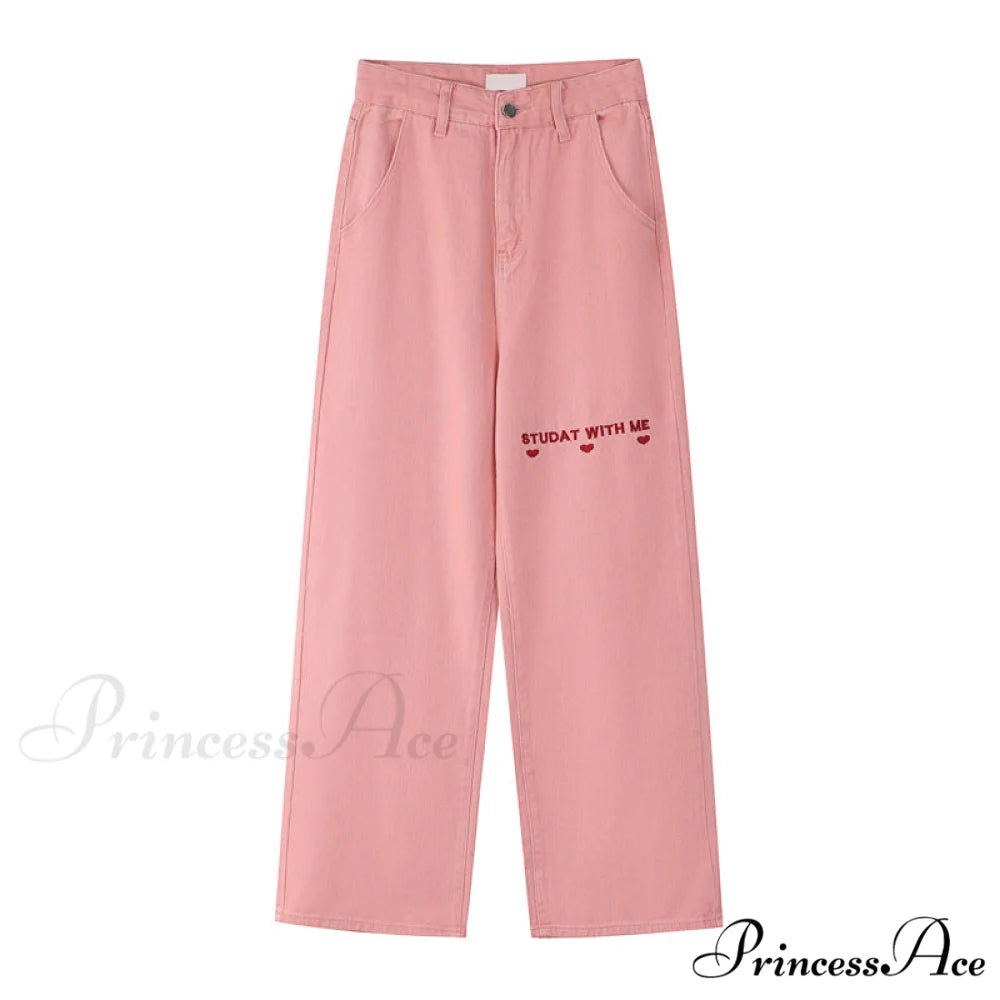 High Waist Wide Leg Pink Baggy Denim Jeans Pink / S