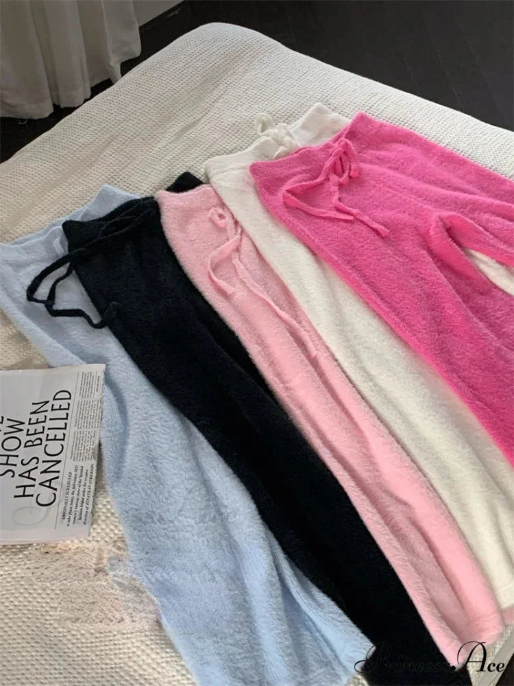 High Waist Wide Leg Satin Casual Ice Silk Straight Drawstring Slim Pants