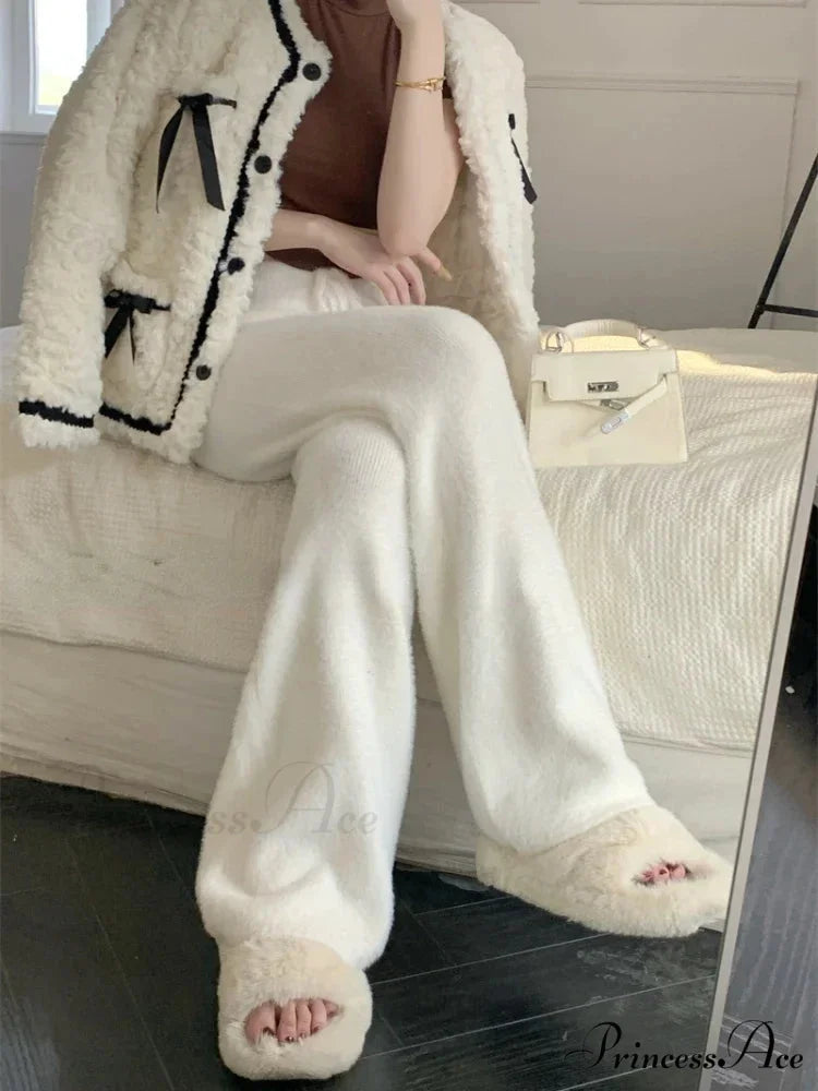 High Waist Wide Leg Satin Casual Ice Silk Straight Drawstring Slim Pants WHITE / One Size