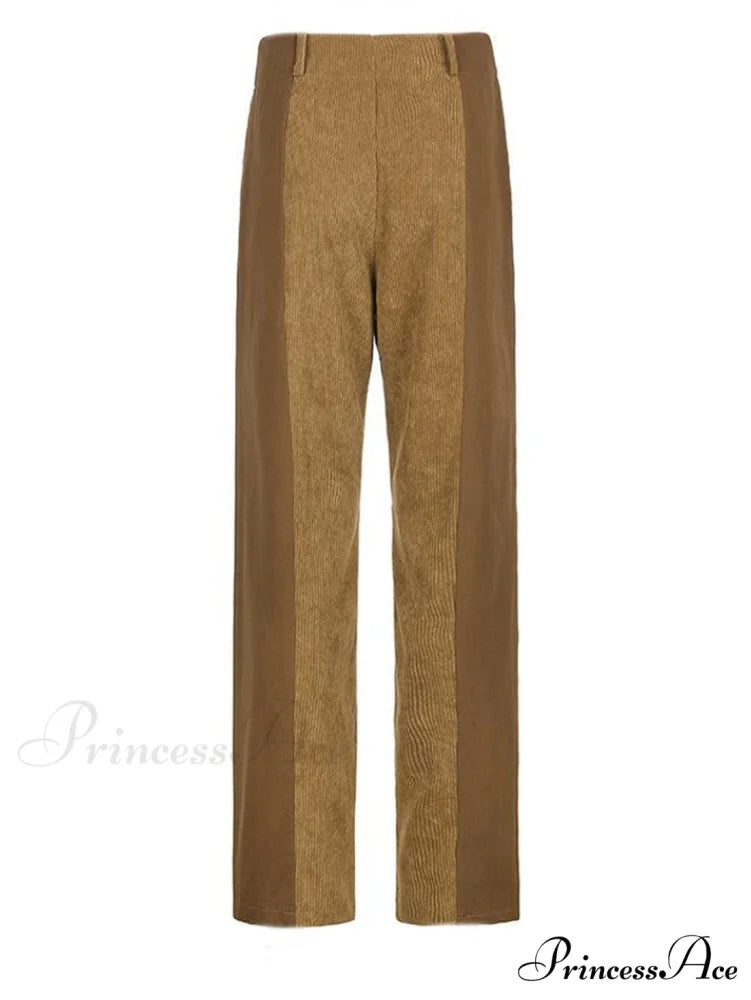 High Waist Wide Trendy Leg PU Pants Khaki / S