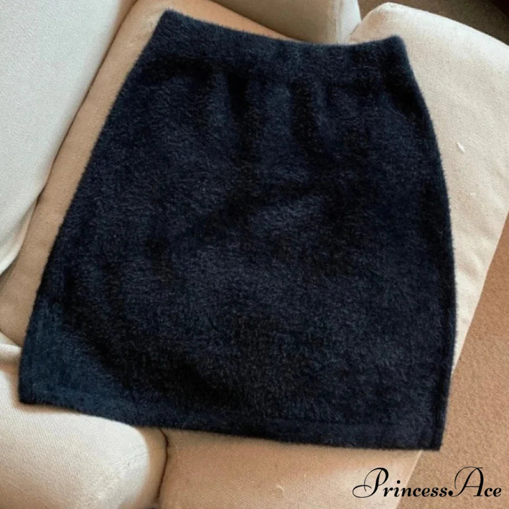 High Waist Wrap Hip Furry Elegant Wild Woolen Autumn Winter Mini Skirt BLACK / One Size