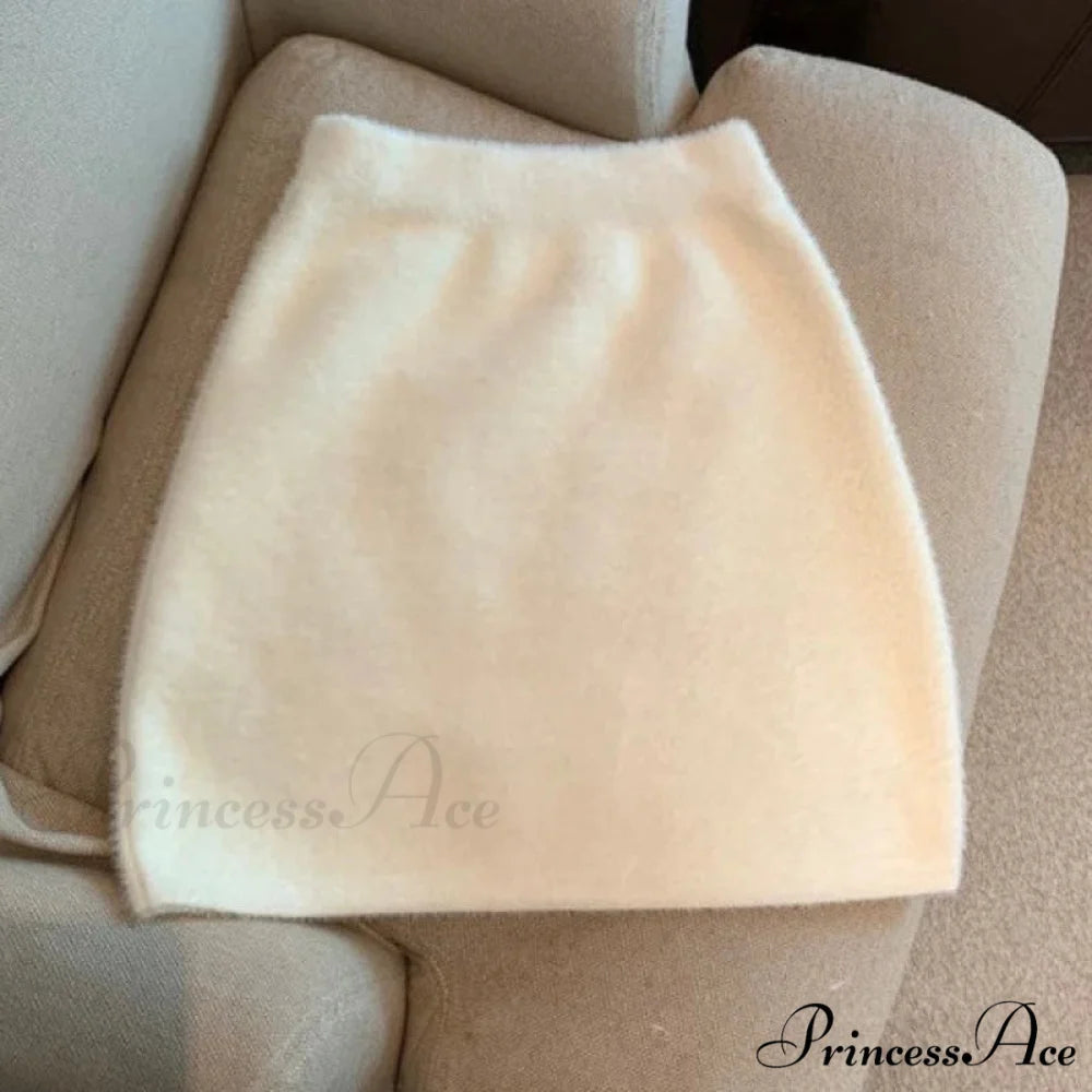 High Waist Wrap Hip Furry Elegant Wild Woolen Autumn Winter Mini Skirt WHITE / One Size