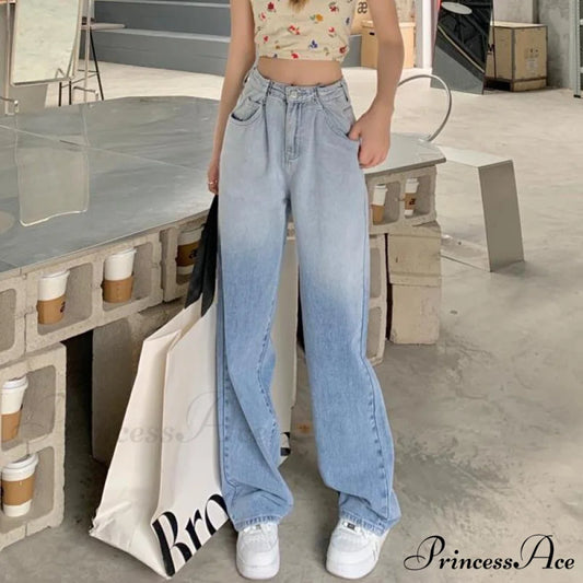 High Waisted Casual Streetwear Gradient Jeans Blue / S