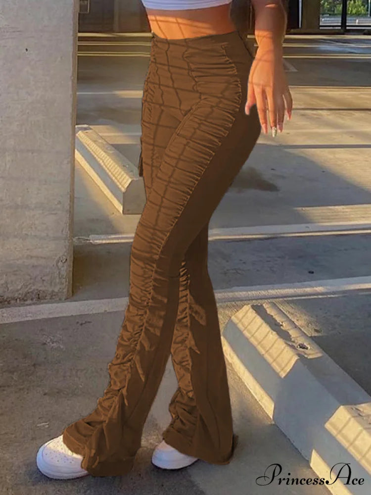 High Waisted Graceful Solid Flare Jeans Coffee / S