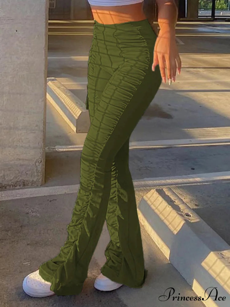 High Waisted Graceful Solid Flare Jeans Green / S