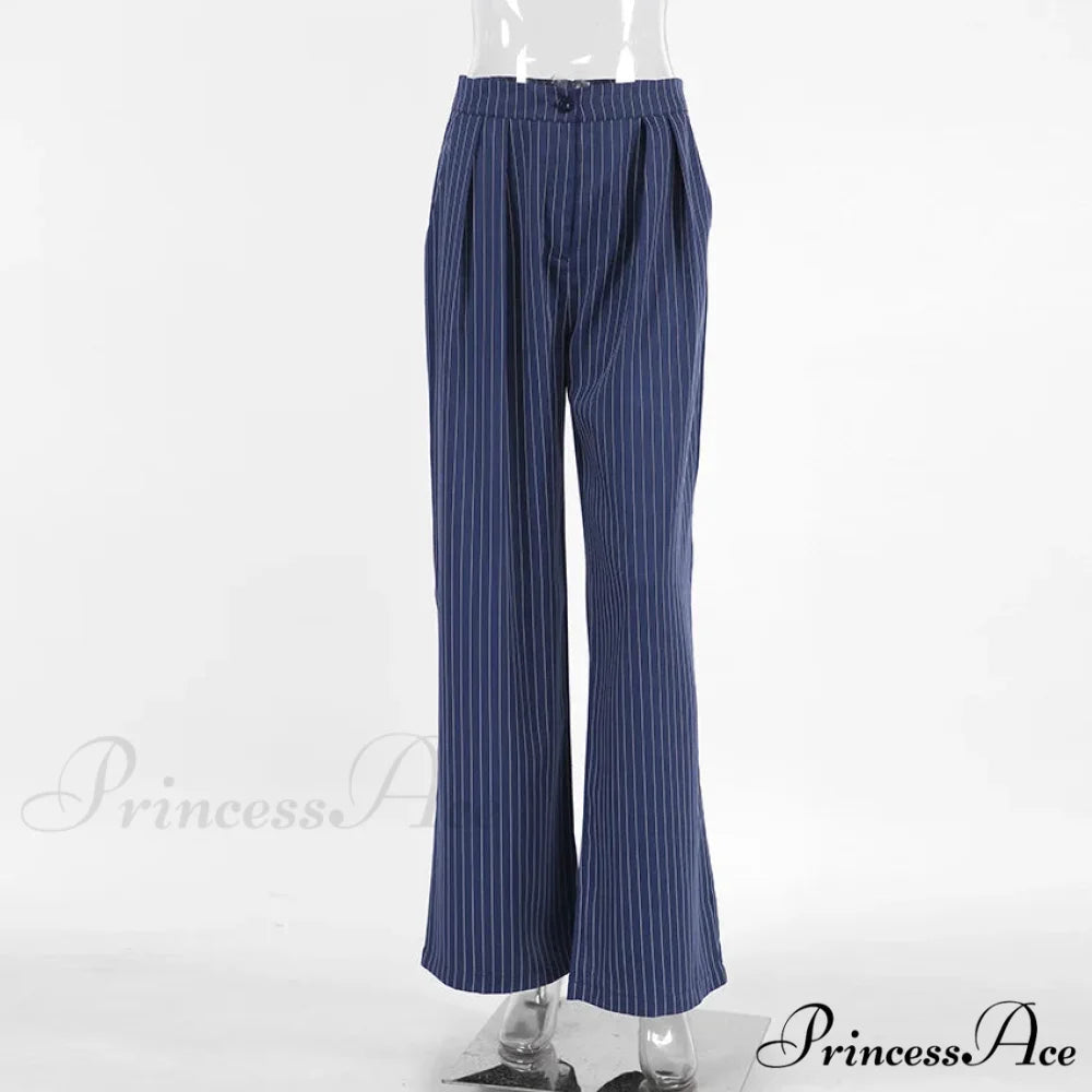 High Waisted Straight Leg Wide Leg Navy Striped Casual Pants