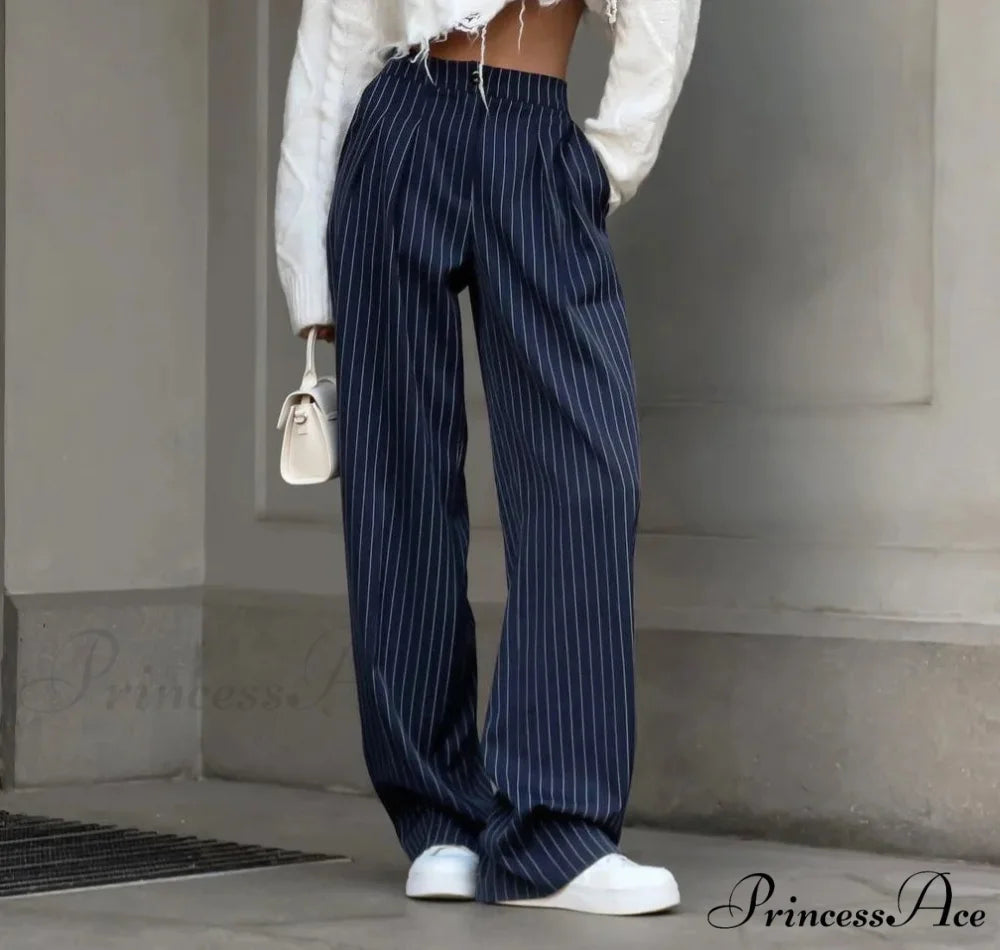 High Waisted Straight Leg Wide Leg Navy Striped Casual Pants