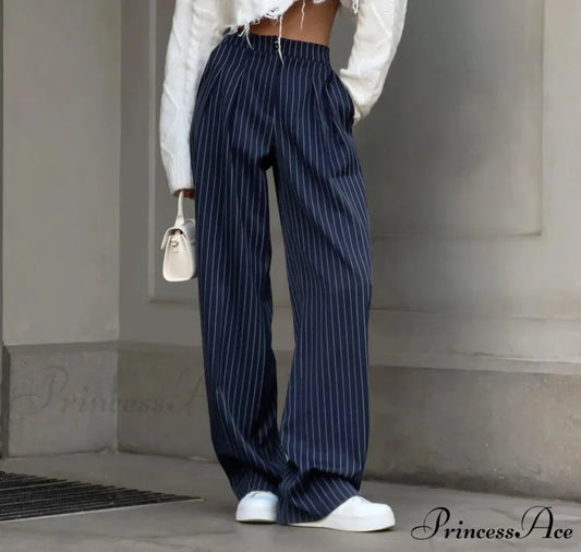 High Waisted Straight Leg Wide Leg Navy Striped Casual Pants