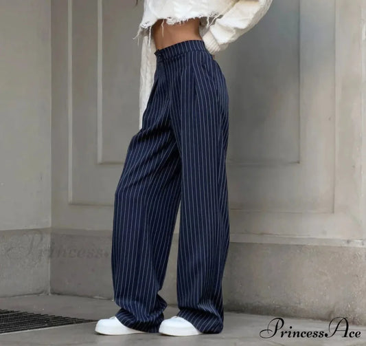 High Waisted Straight Leg Wide Leg Navy Striped Casual Pants