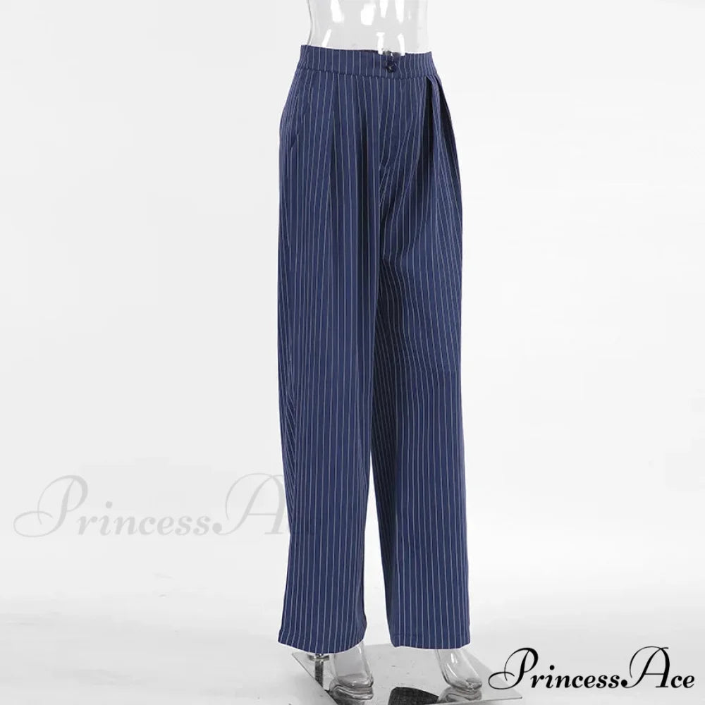 High Waisted Straight Leg Wide Leg Navy Striped Casual Pants